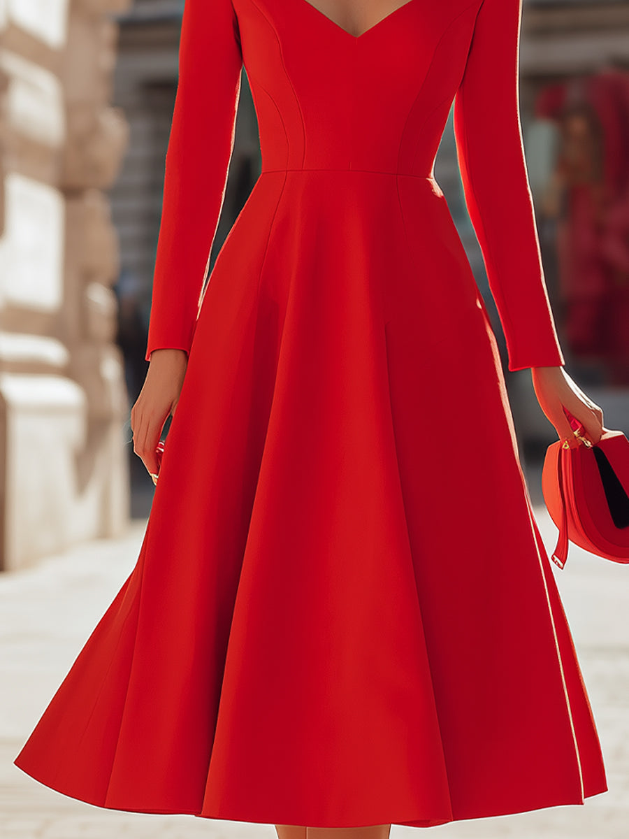 Anna-Berg | Elegant Red V - Neck Midi Fit - And - Flare Dress