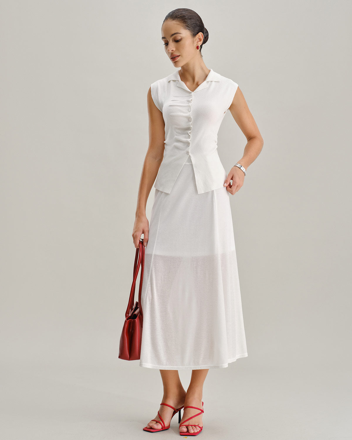 Anna-Berg | White Elastic Waist Midi Skirt