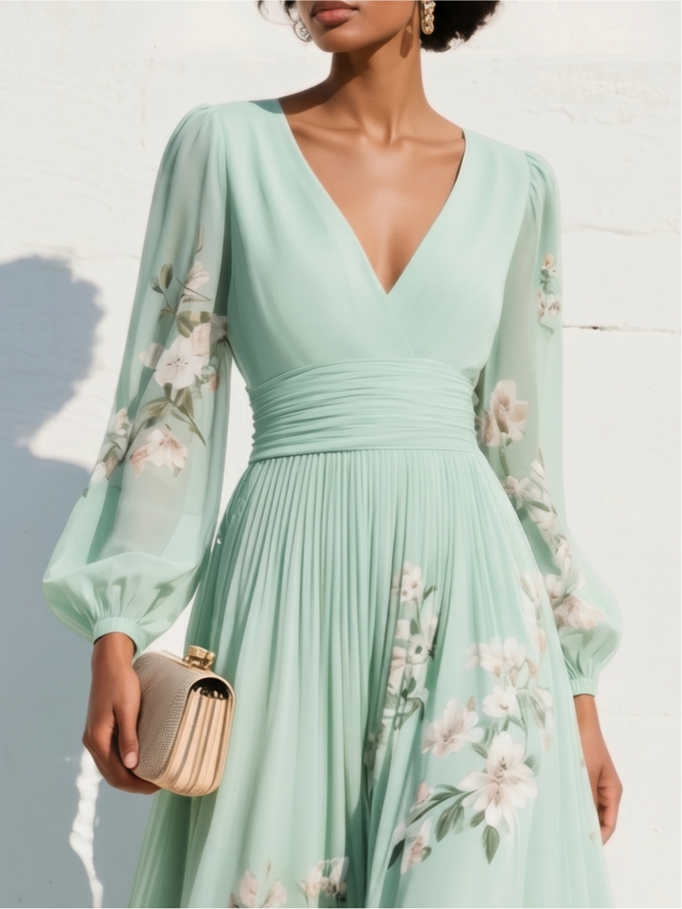 Anna-Berg | Elegant Floral Print Long-Sleeved V-Neck Dress