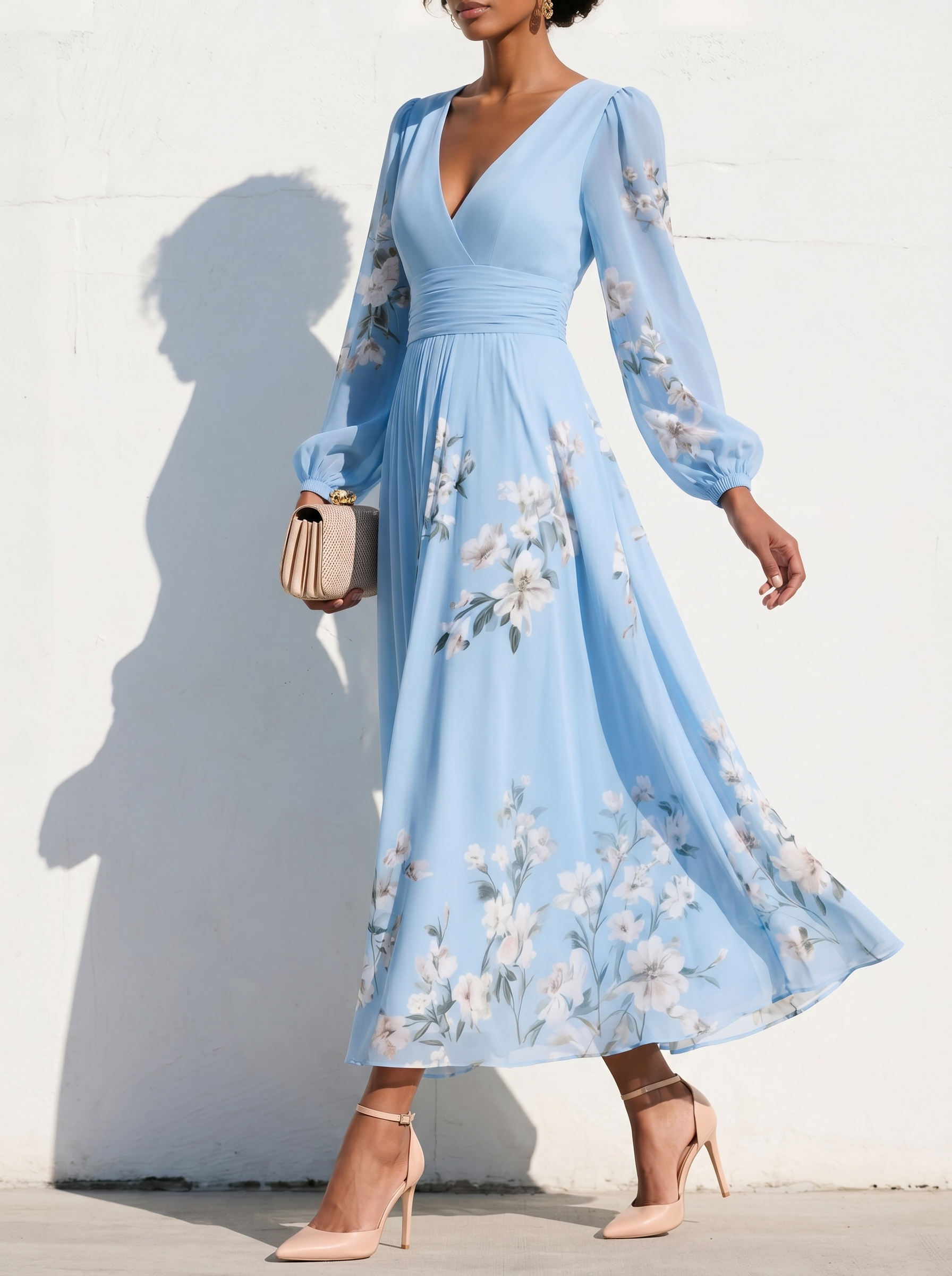 Anna-Berg | Elegant Floral Print Long-Sleeved V-Neck Dress