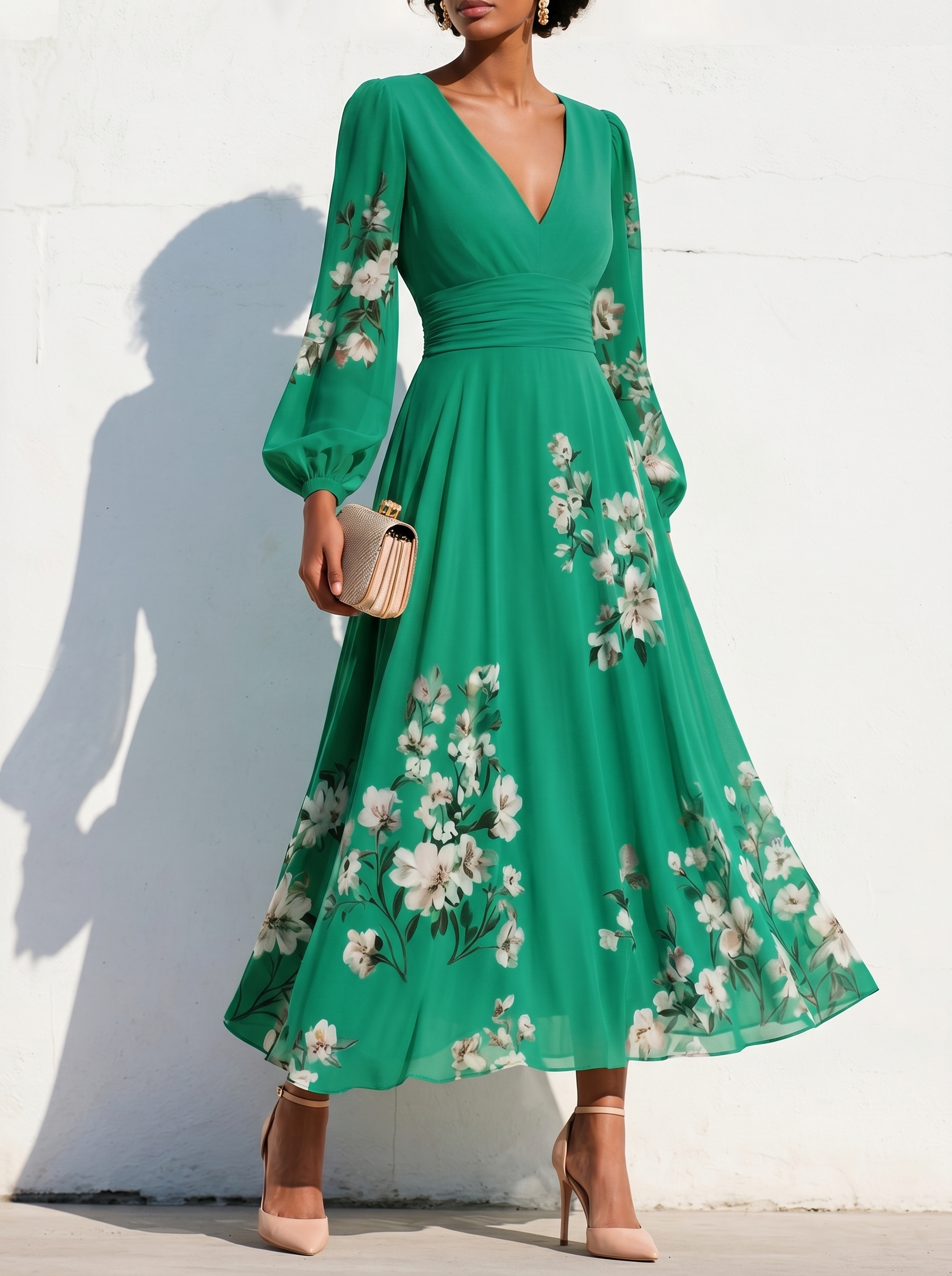 Anna-Berg | Elegant Floral Print Long-Sleeved V-Neck Dress