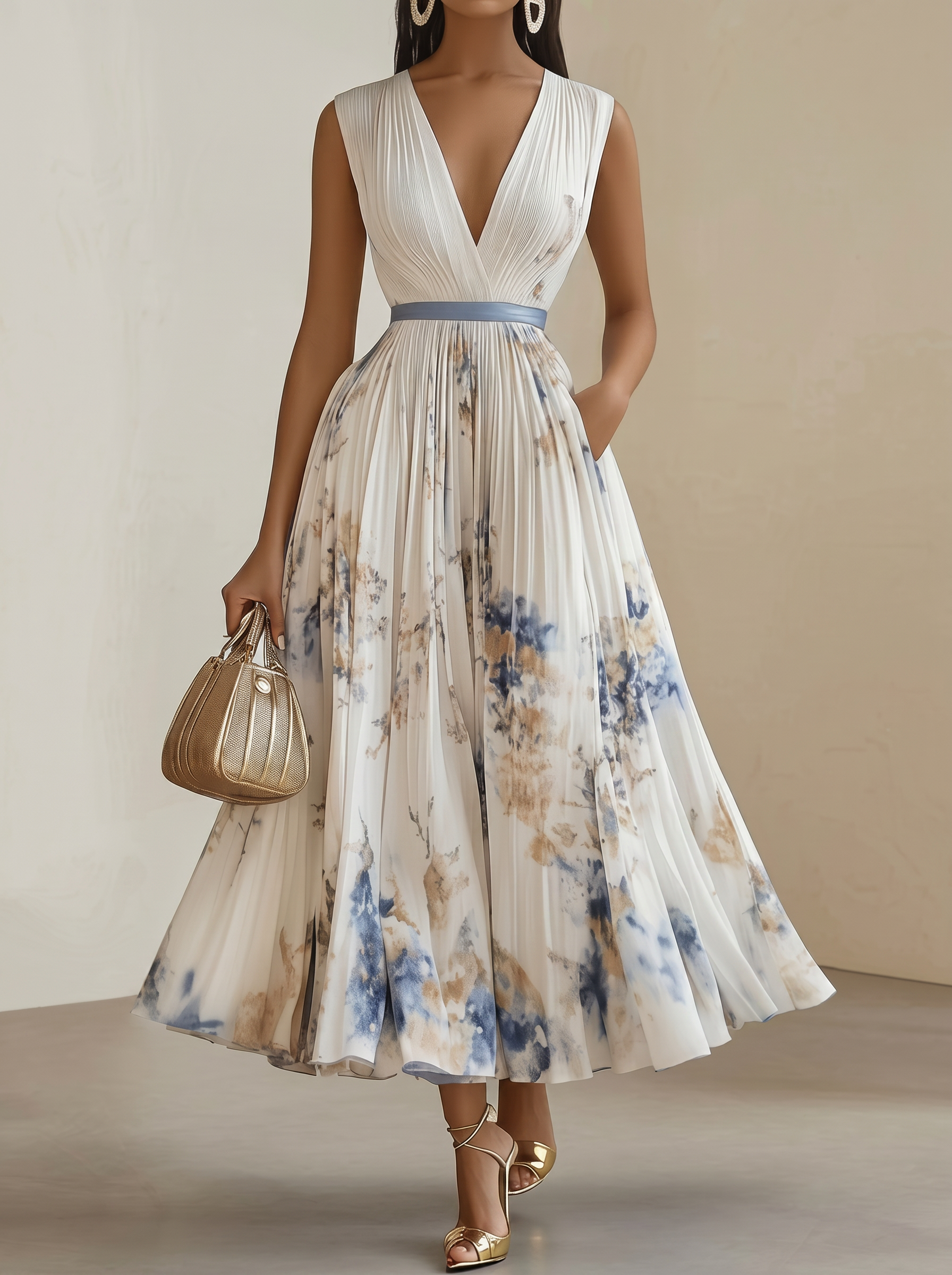 Anna-Berg | Printed V-Neck Sleeveless Fashion Pleated Dress