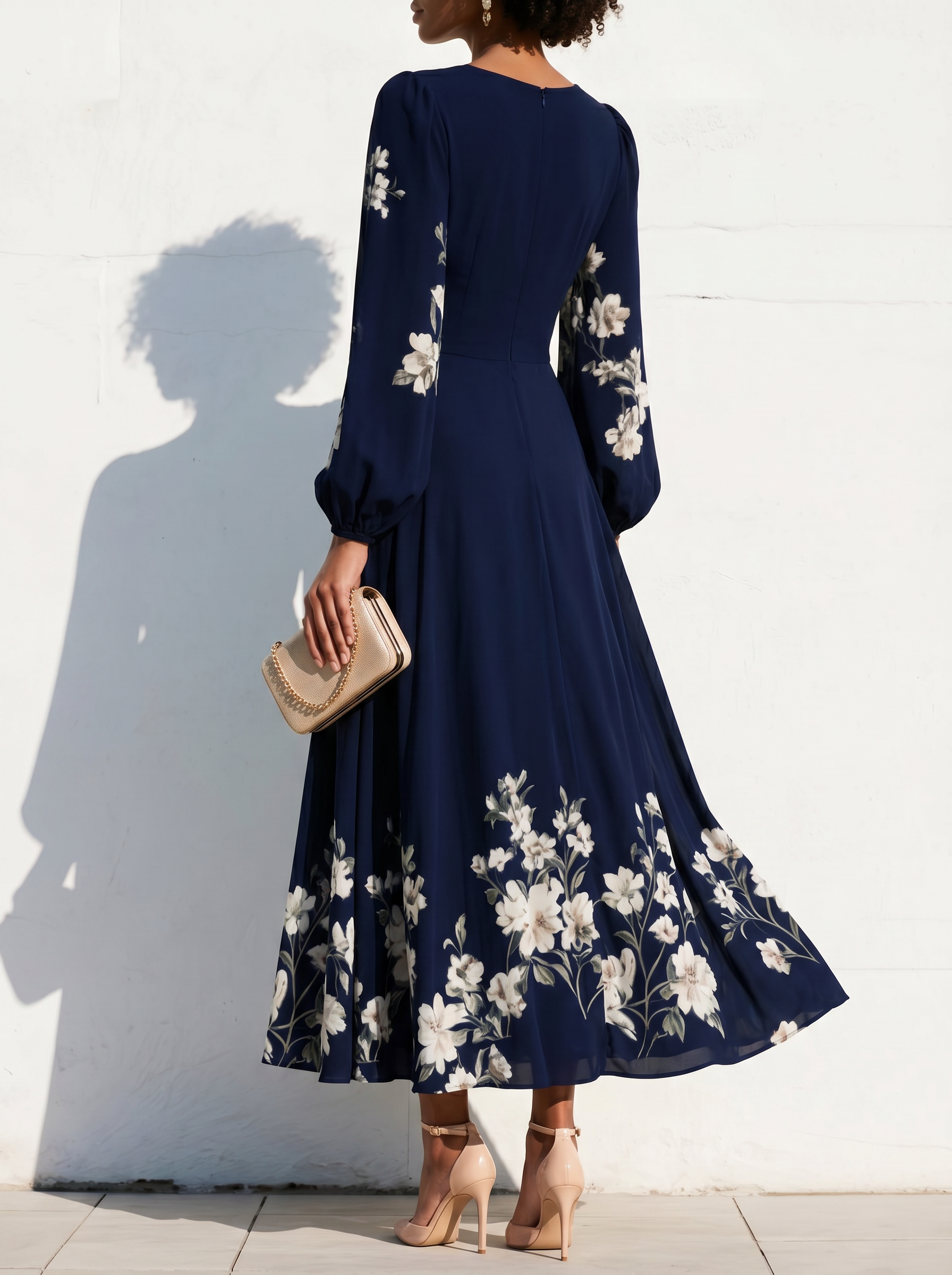 Anna-Berg | Elegant Floral Print Long-Sleeved V-Neck Dress