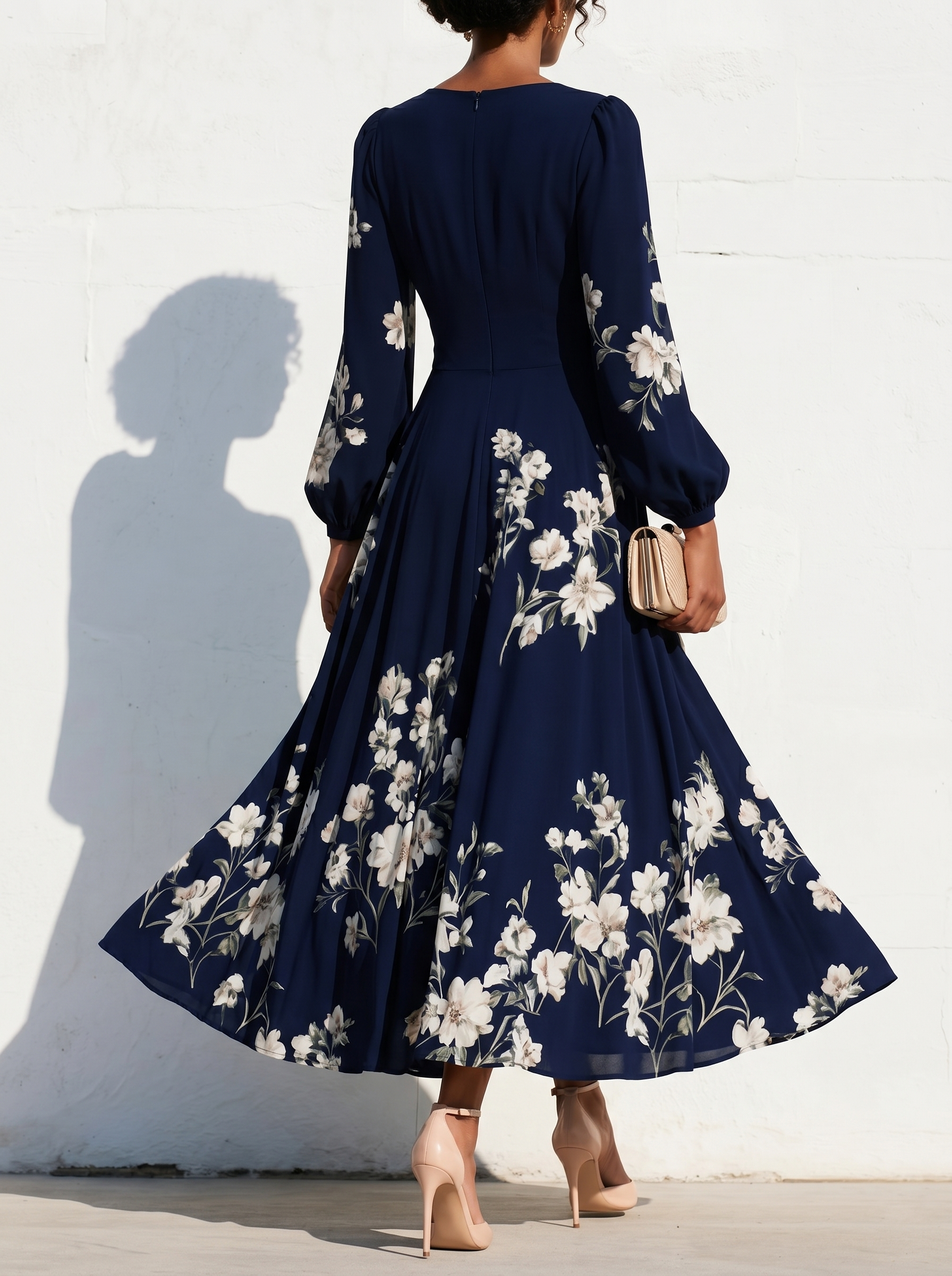 Anna-Berg | Elegant Floral Print Long-Sleeved V-Neck Dress
