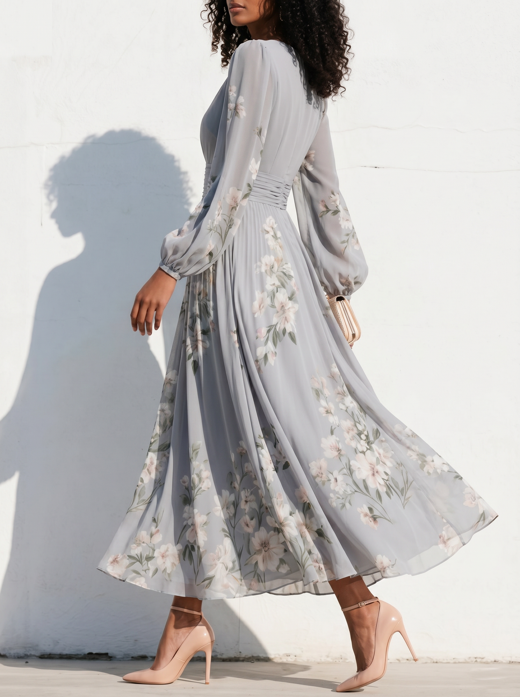 Anna-Berg | Elegant Floral Print Long-Sleeved V-Neck Dress