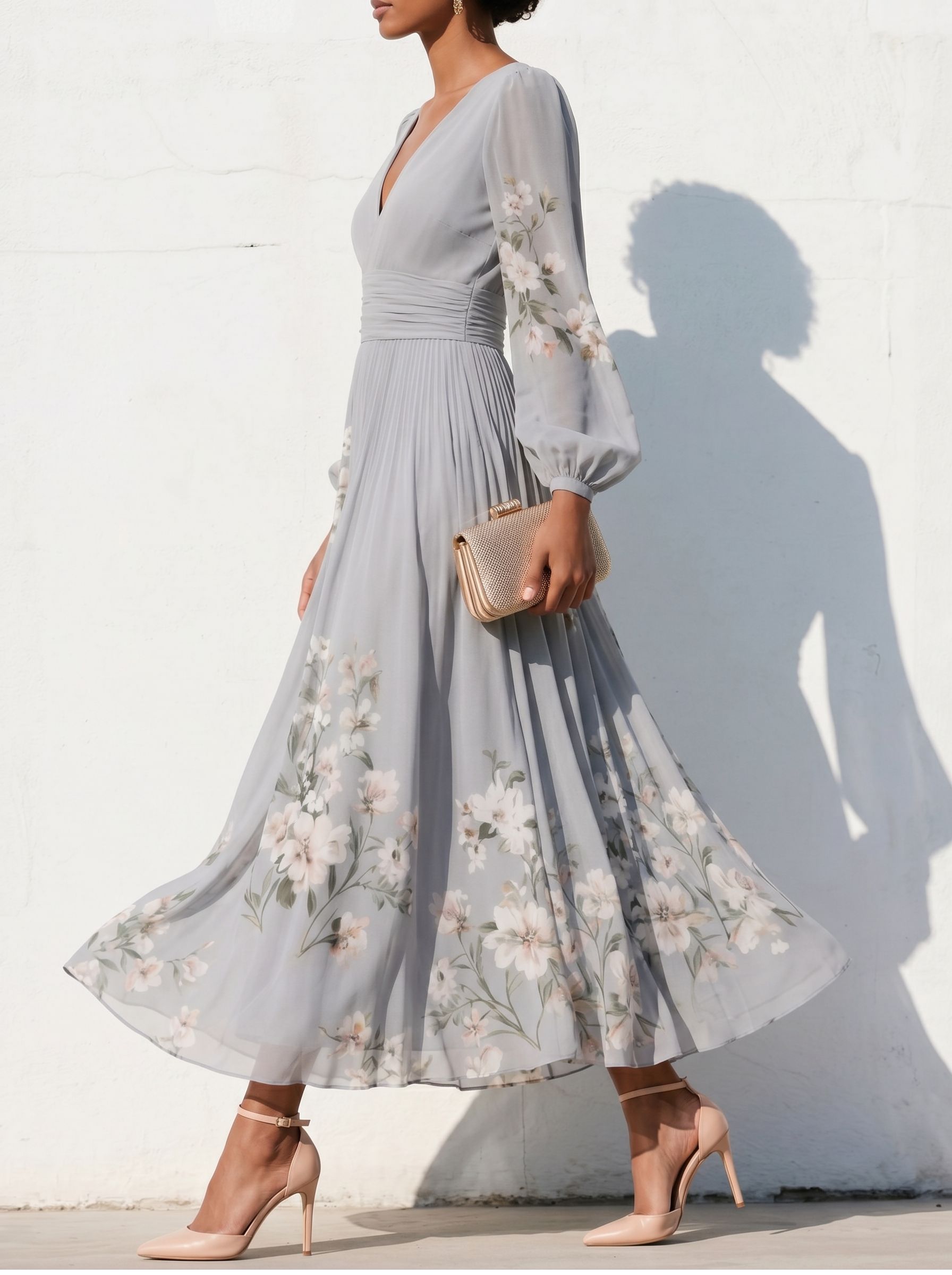 Anna-Berg | Elegant Floral Print Long-Sleeved V-Neck Dress