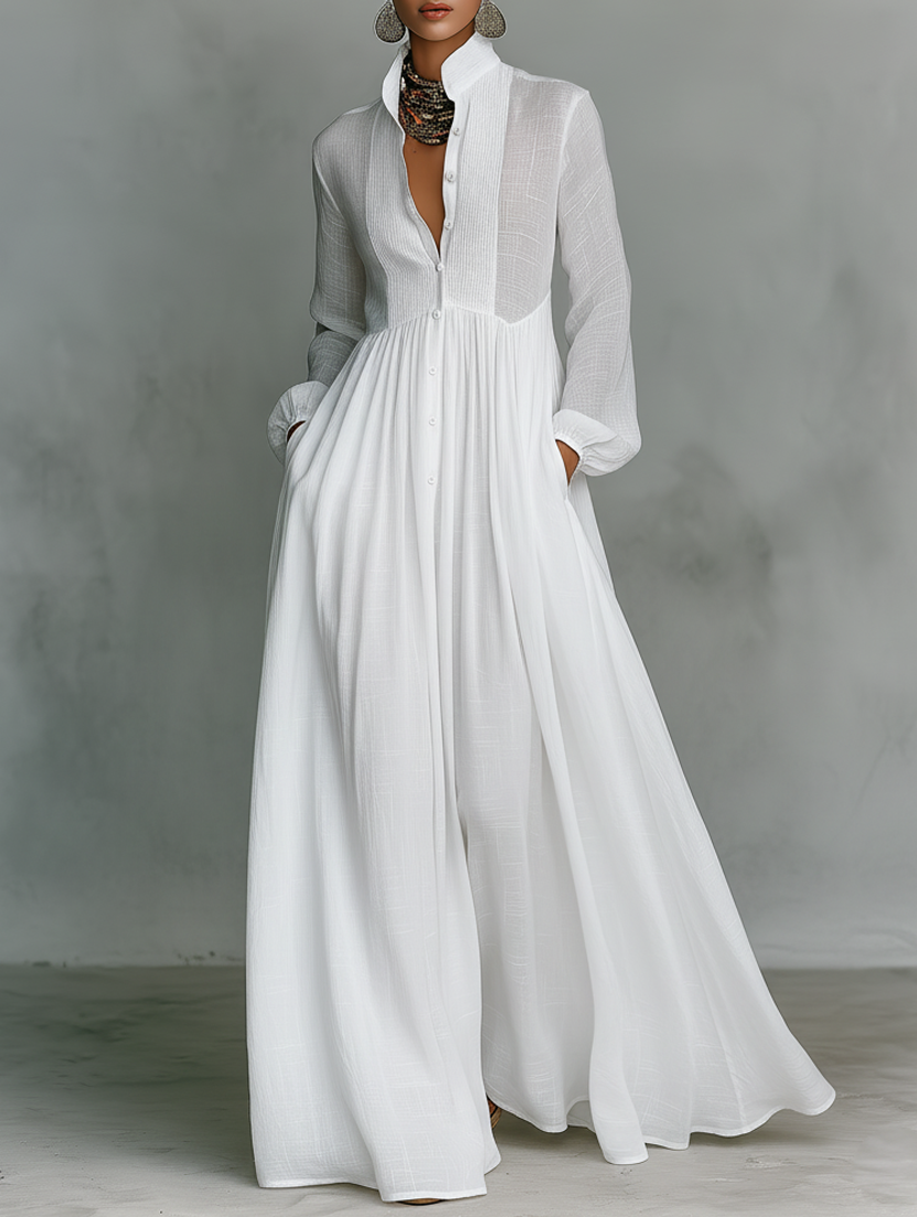 Anna-Berg | Stand Collar Button Long Sleeve Dress