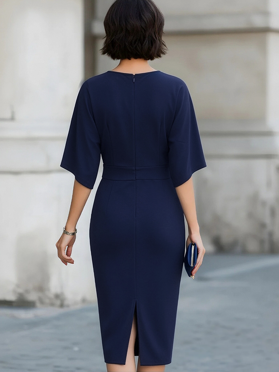 Anna-Berg | Elegant Navy Blue Batwing Sleeve Midi Sheath Dress