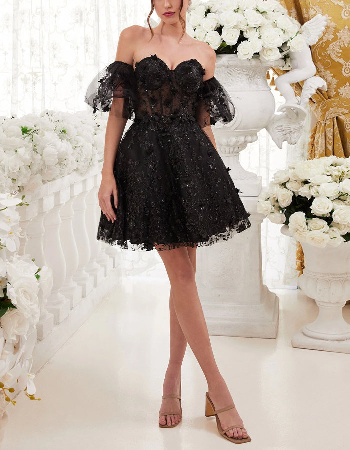 Anna-Berg | Black Tulle Cocktail Floral Puff Dress