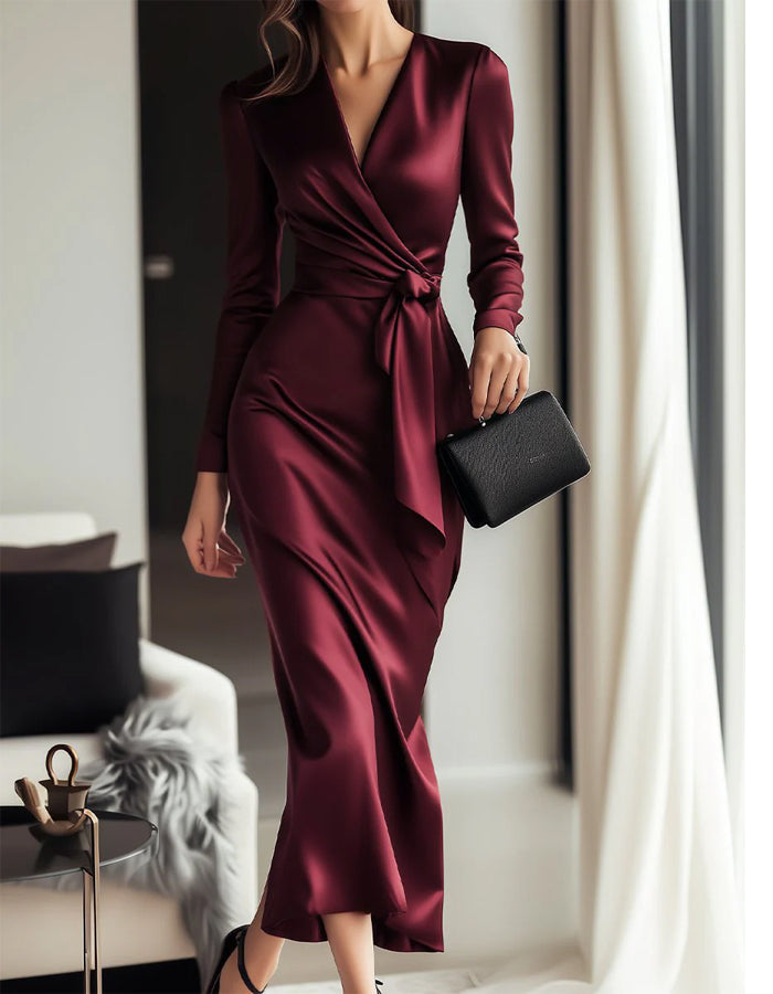 Anna-Berg | Burgundy Satin V-Neck Mermaid Long Dress