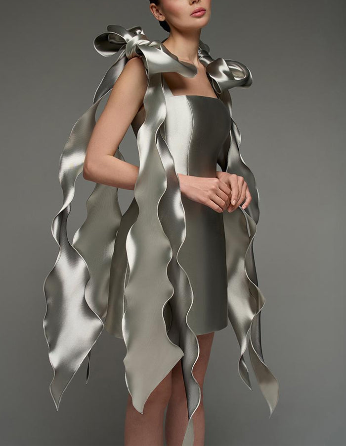 Anna-Berg | Silver Satin Cocktail Square Neck Dress