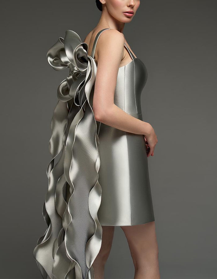 Anna-Berg | Silver Satin Cocktail Square Neck Dress