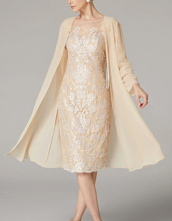 Anna-Berg | Apricot Chiffon Bodycon Embroidered Long Dress