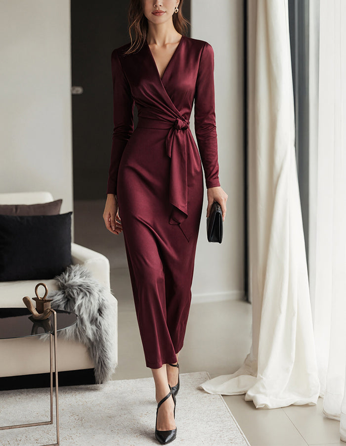 Anna-Berg | Burgundy Satin V-Neck Mermaid Long Dress
