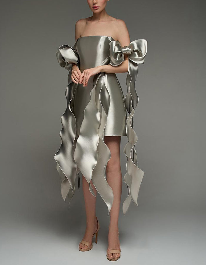 Anna-Berg | Silver Satin Cocktail Square Neck Dress