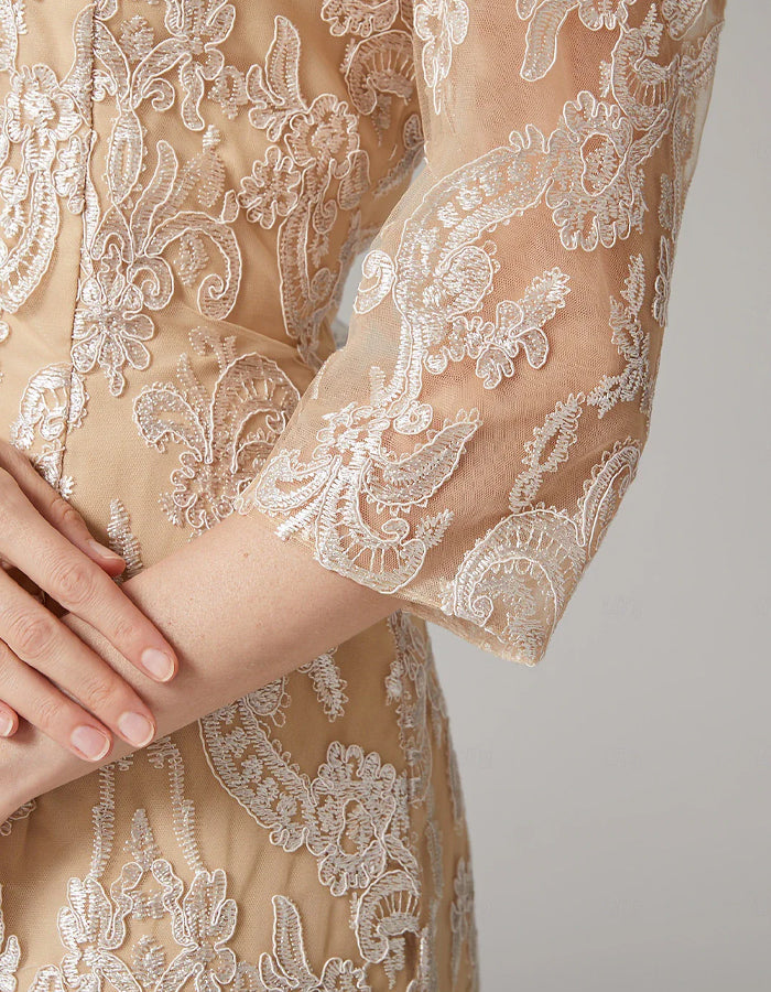 Anna-Berg | Apricot Chiffon Bodycon Embroidered Long Dress