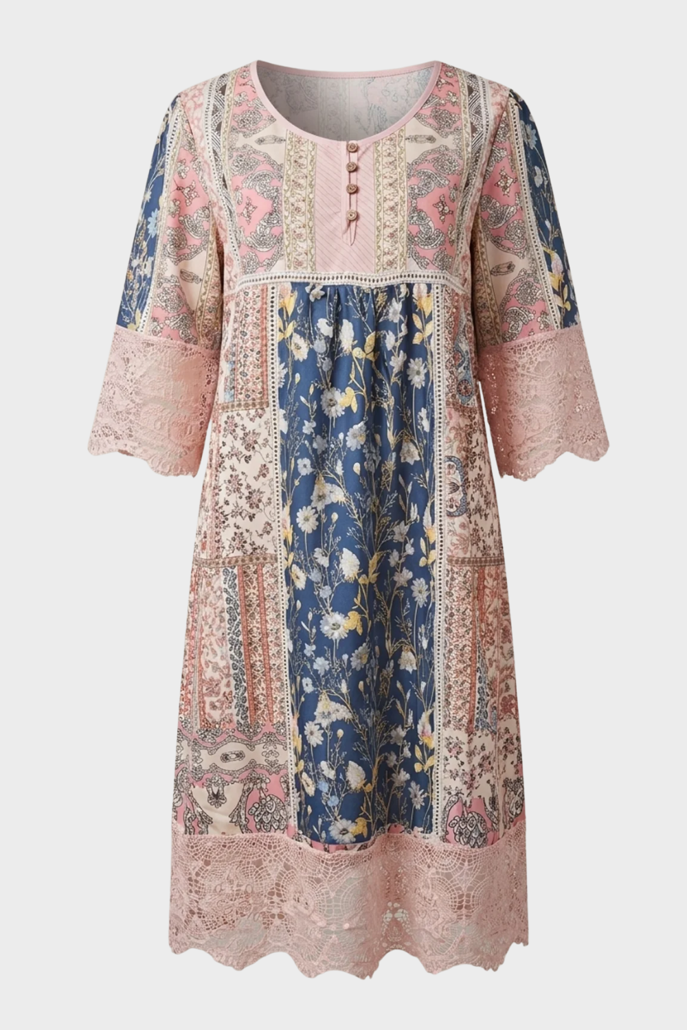 Anna-Berg | Boho Printed V Neck Midi Dress with Graceful Drape
