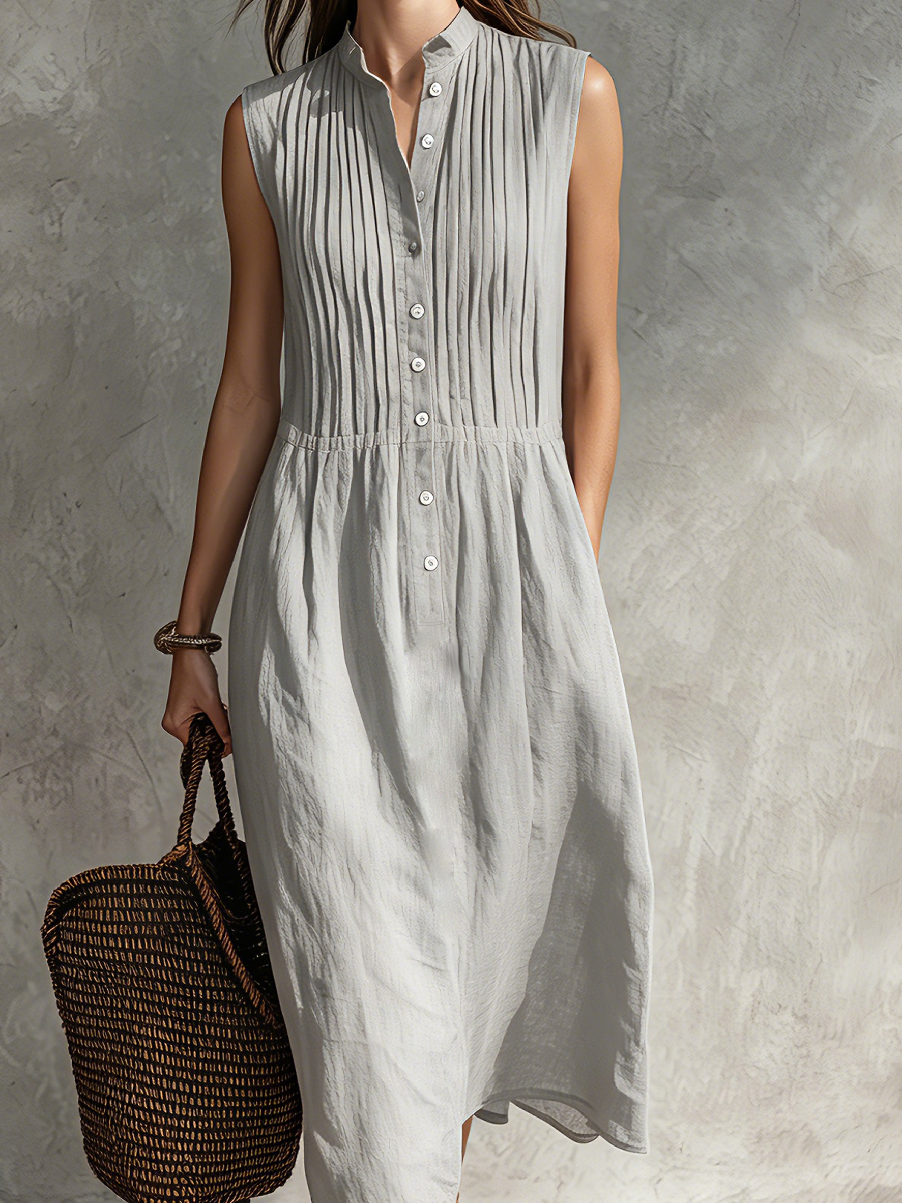 Anna-Berg | Casual Grey Cotton-Linen Sleeveless Dress