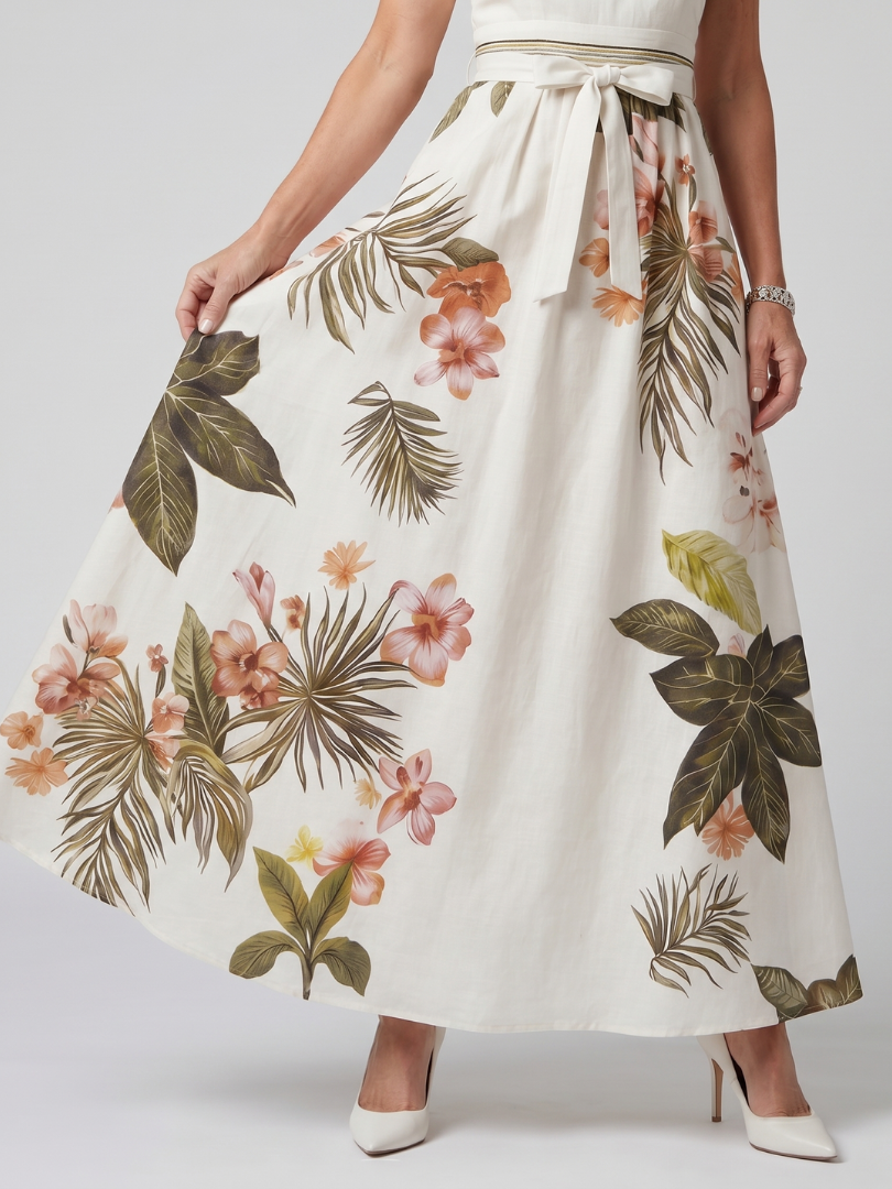 Anna-Berg | Elegant Draped Halter Botanical Panel Maxi Dress