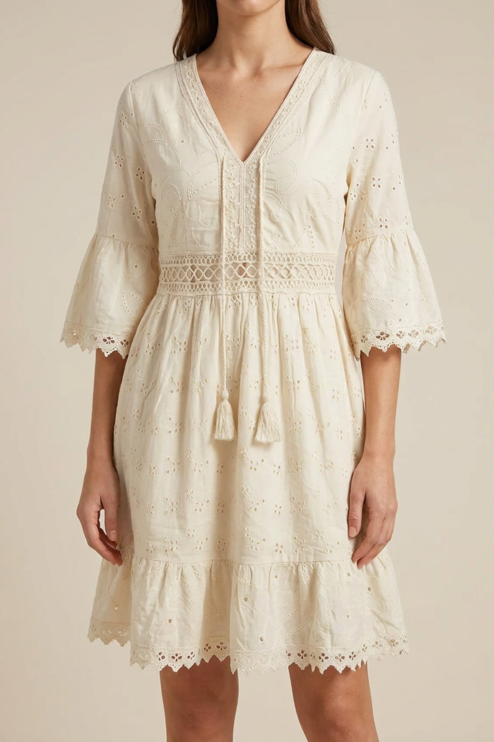 Anna-Berg | Boho Mini Dress V-Neck Bell Sleeves Eyelet Lace