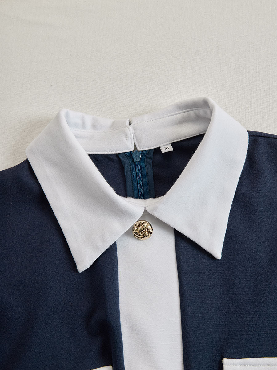 Anna-Berg | Elegant Navy & White Contrast Button-Up Midi Dress