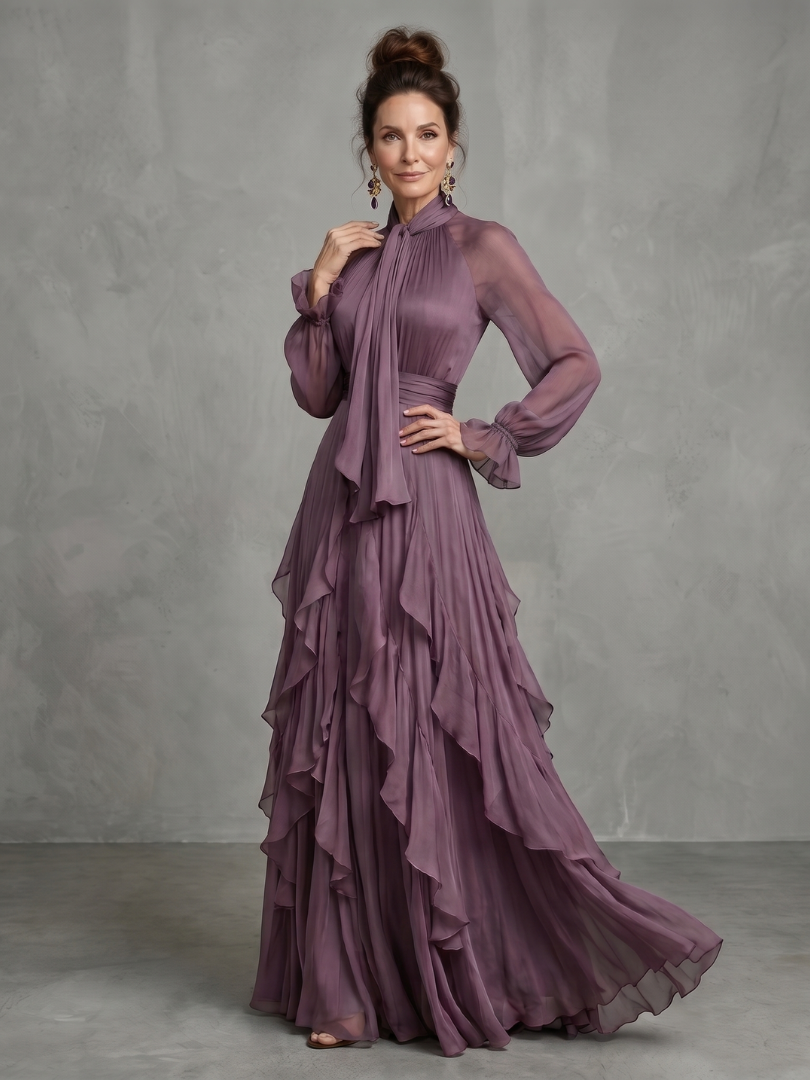 Anna-Berg | Sculpted Tie Neck Ruffle Tiered Maxi Dress