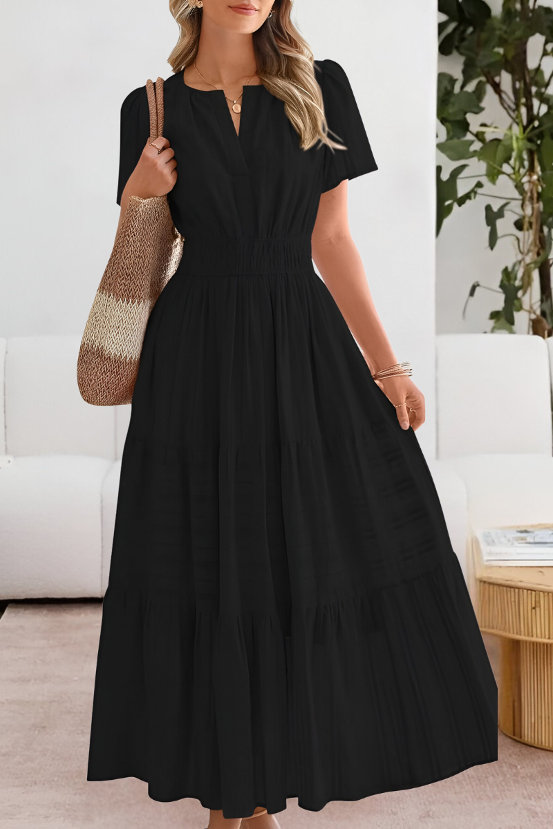 Anna-Berg | Boho Short Sleeve Smocked Midi Dress with Graceful Drape
