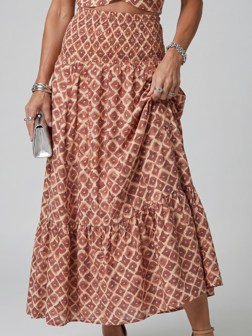 Anna-Berg | Statement Cross Halter Geometric Print Cutout Midi Dress