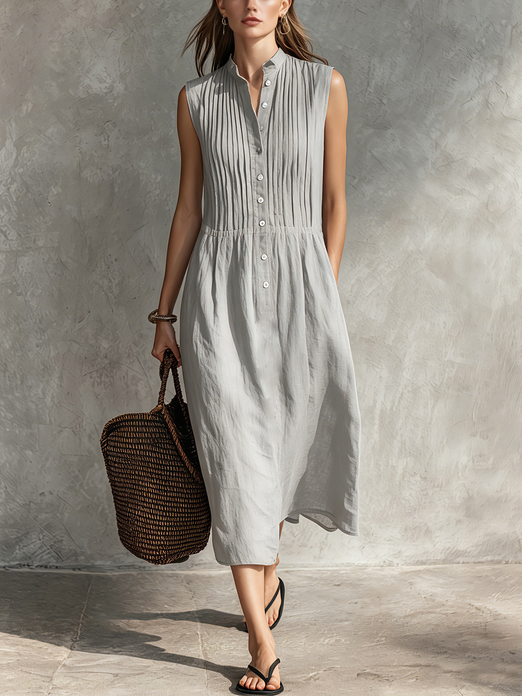 Anna-Berg | Casual Grey Cotton-Linen Sleeveless Dress