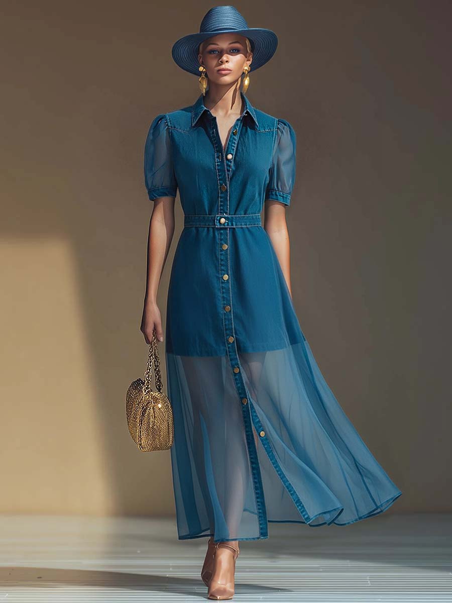 Anna-Berg | V-Neck Short-Sleeved Organza Blue Denim Dress