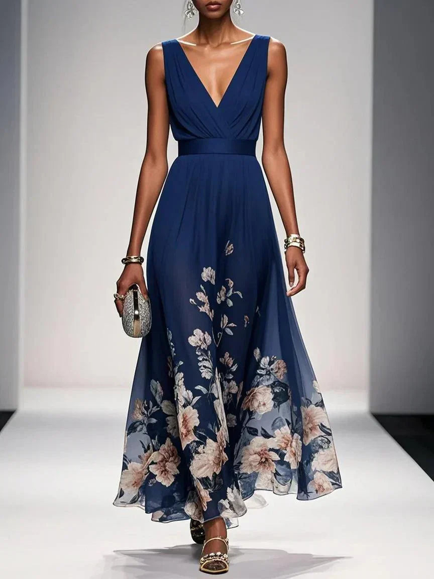 Anna-Berg | Feminine Light Blue Floral V-Neck Maxi Dress