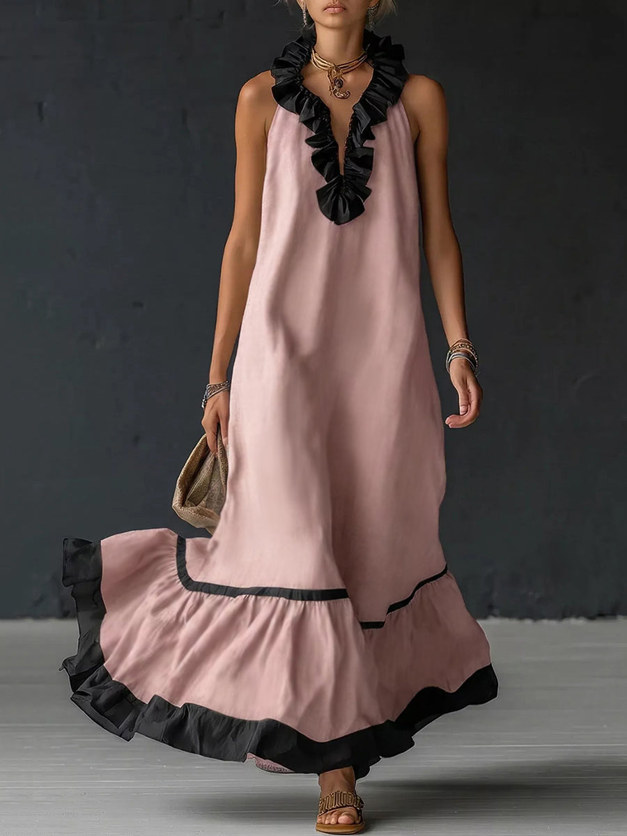 Anna-Berg | A-Line Loose Contrast Color Pleated Dress
