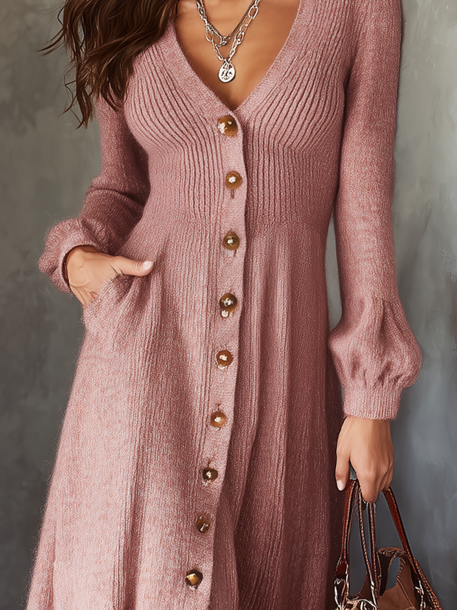 Anna-Berg | Retro V-Neck Button Pockets Mohair Dress