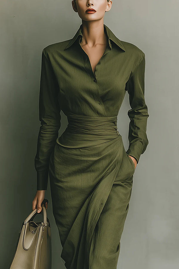Anna-Berg | Solid Color Lapel Long Sleeve Dress