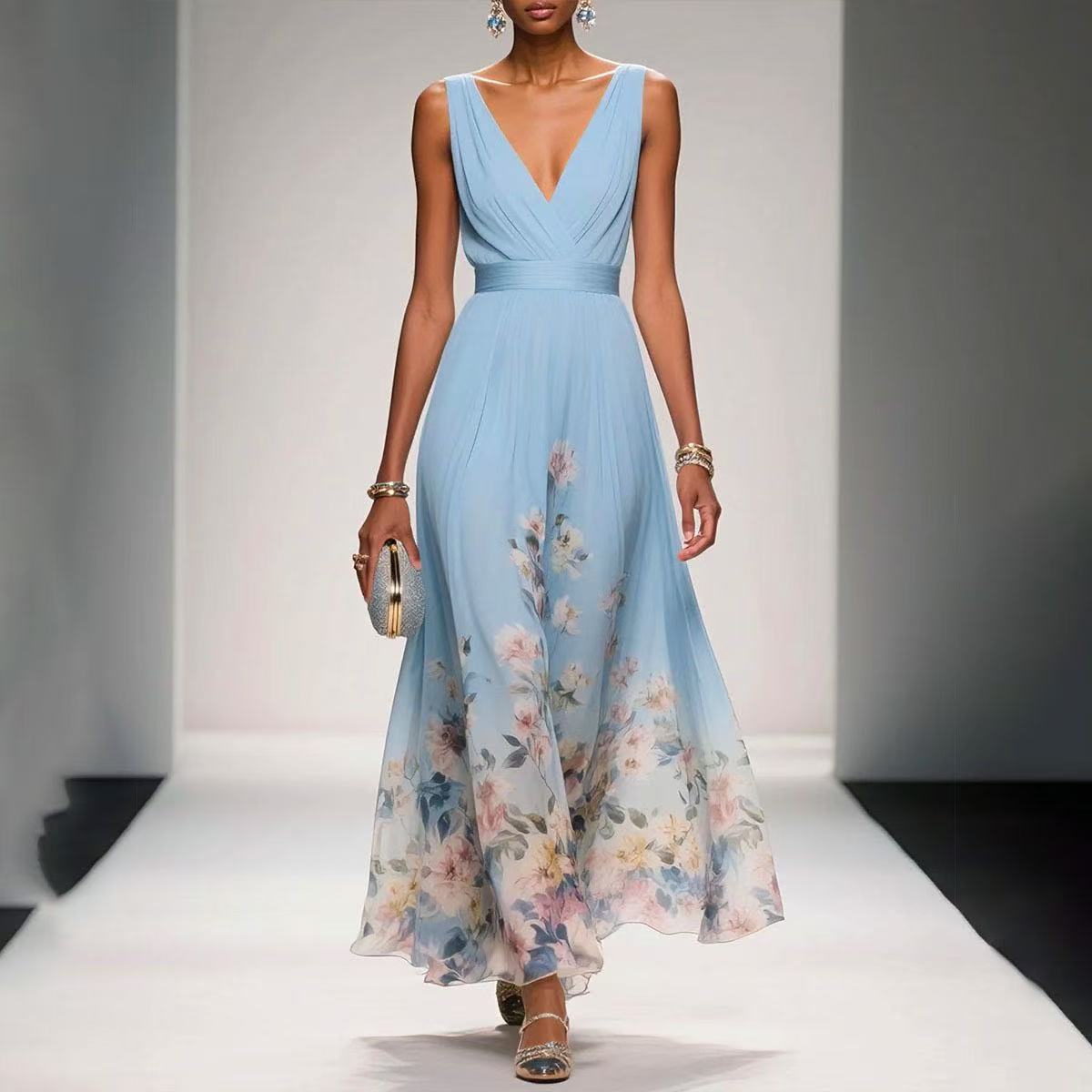 Anna-Berg | Elegant Floral Border Print Sleeveless Maxi Dress - V-Neck