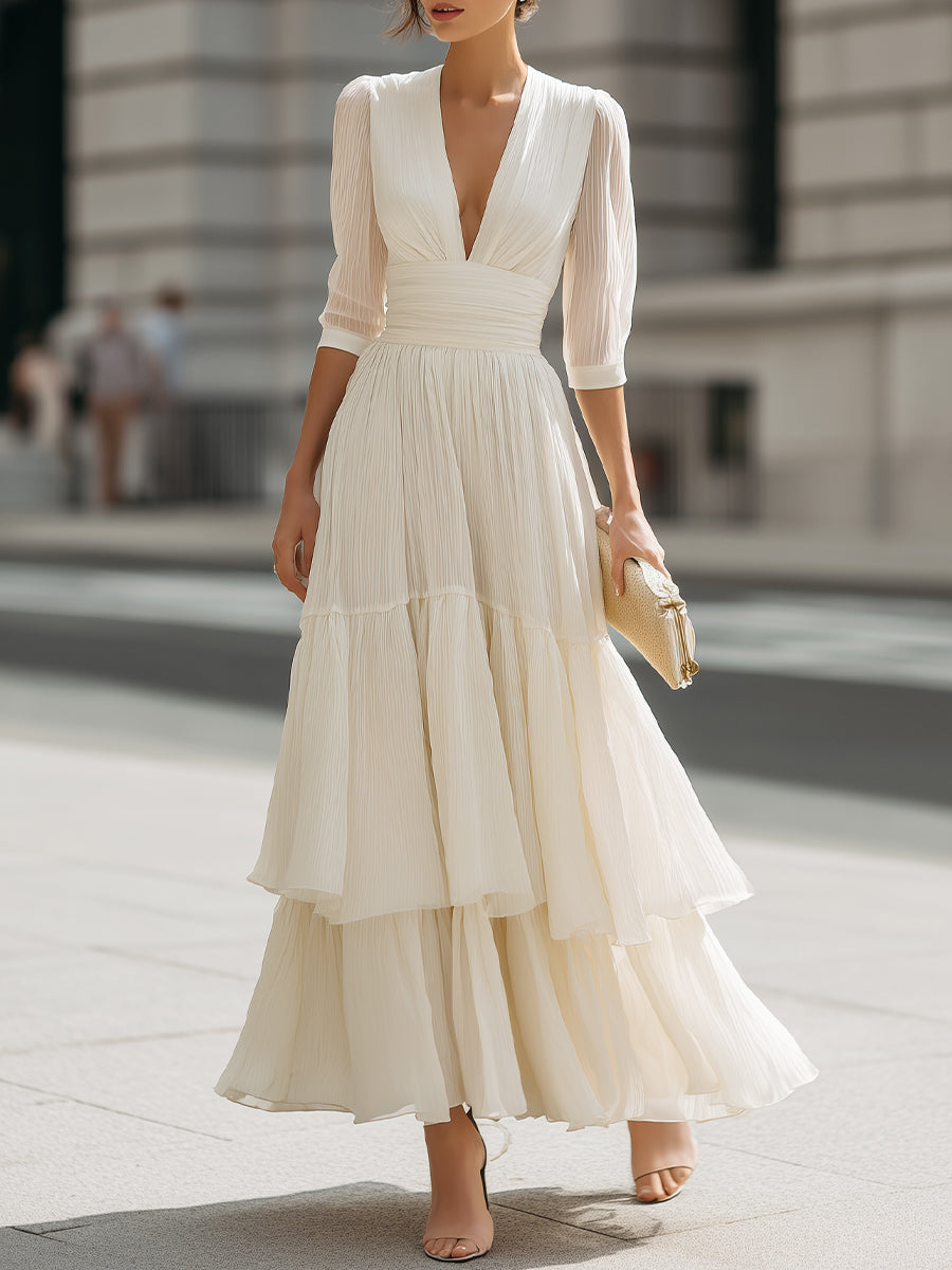 Anna-Berg | V-Neck Pleated Tiered Dress