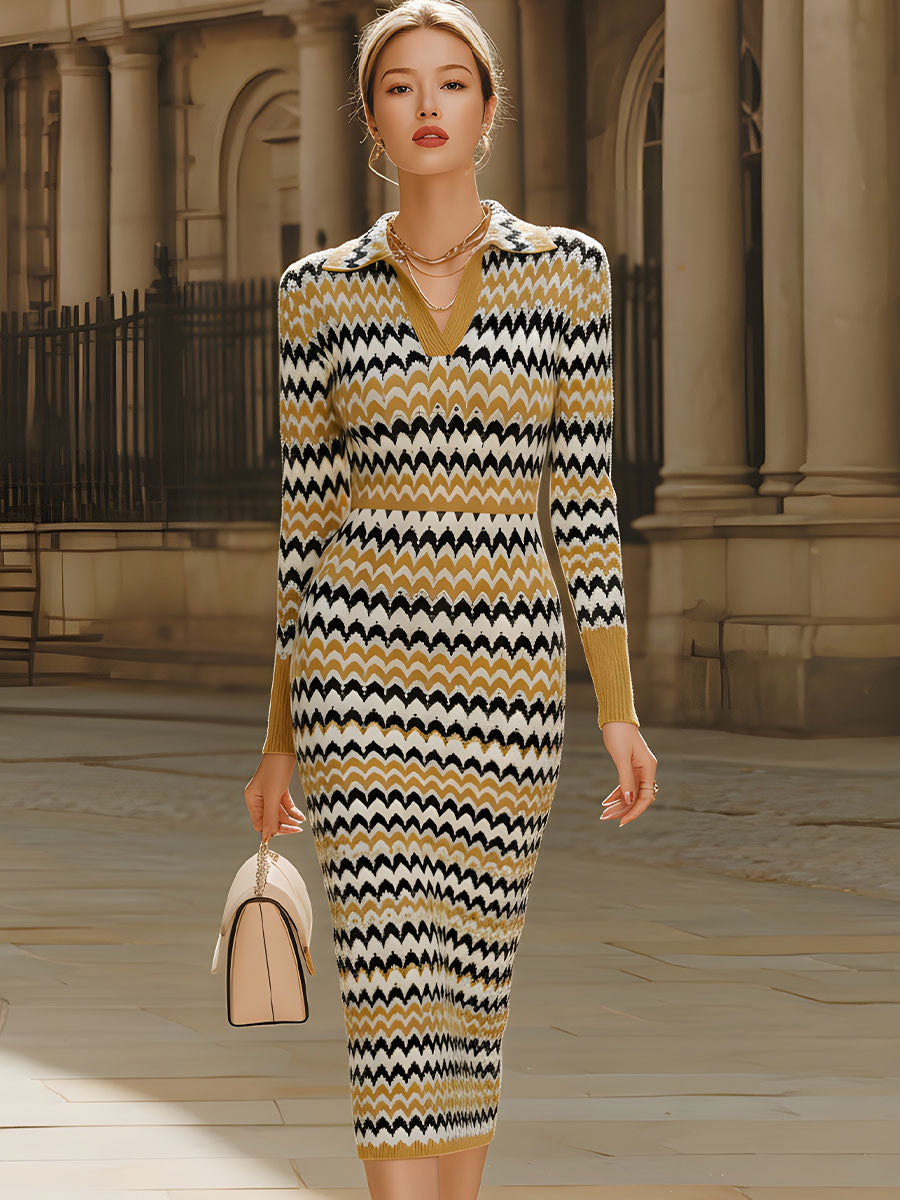 Anna-Berg | Retro Chevron Print Polo Collar Dress