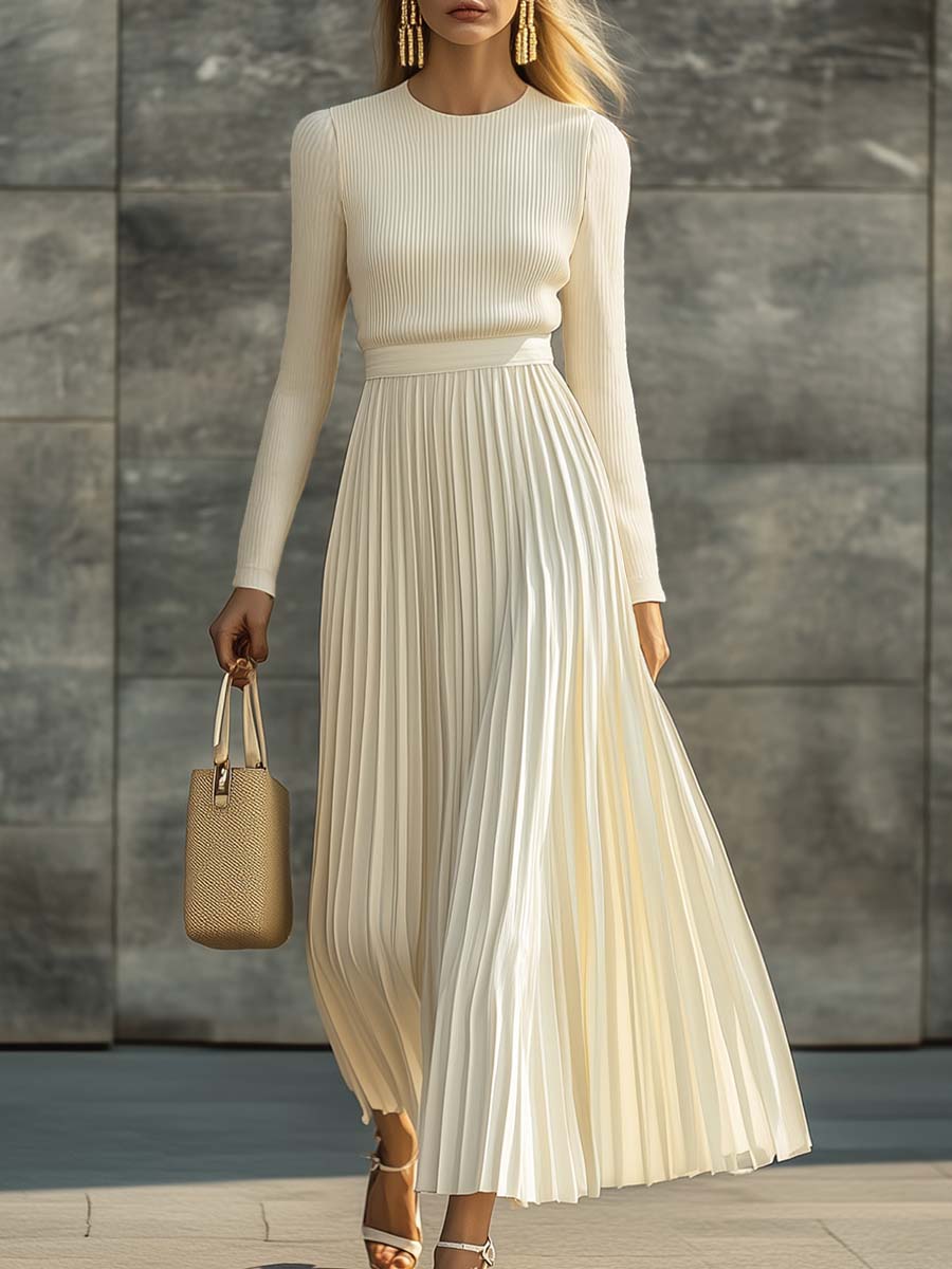 Anna-Berg | Cream Satin Pleated Casual Dress