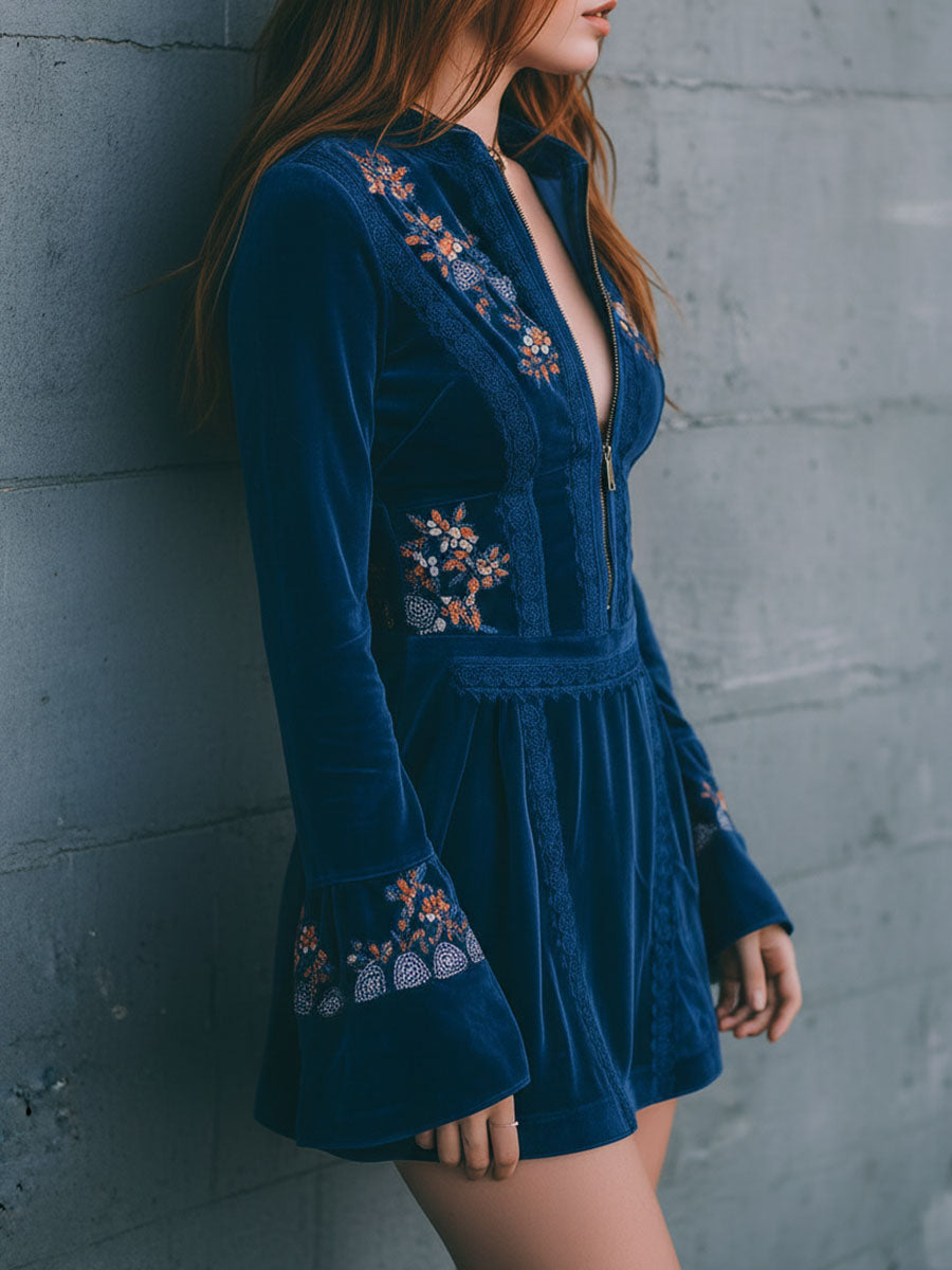 Anna-Berg | Blue Velvet Embroidered Casual Dress