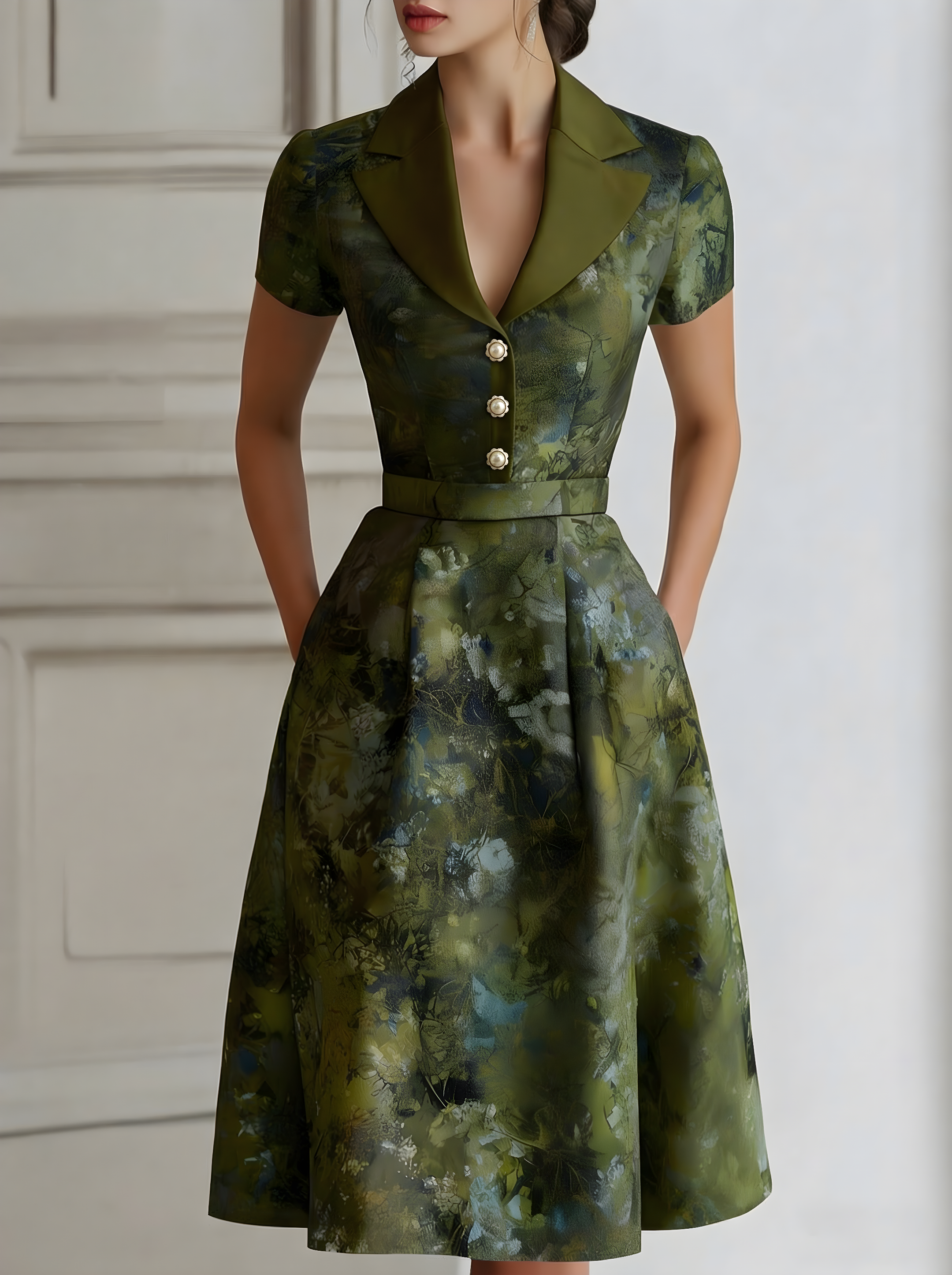 Anna-Berg | Floral Lapel Short Sleeve Midi Dress With Tailored Waist
