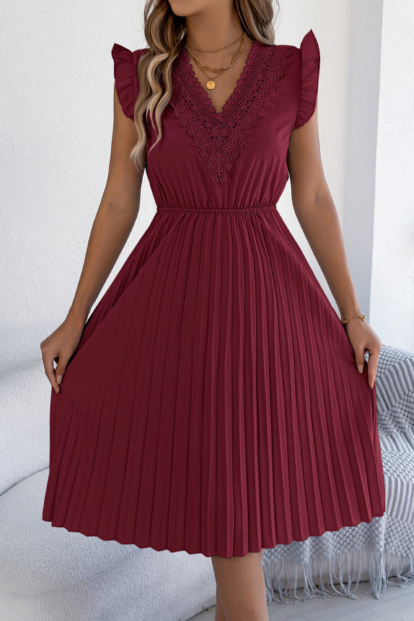 Anna-Berg | Solid Color V-Neck Lace-Trimmed Sleeveless Dress