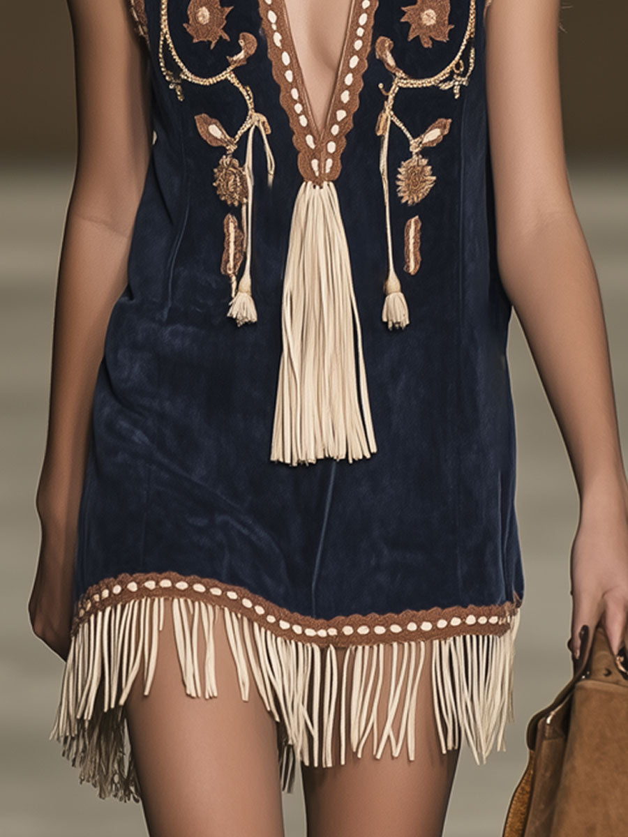 Anna-Berg | Red Faux Suede Tassel Western Dress