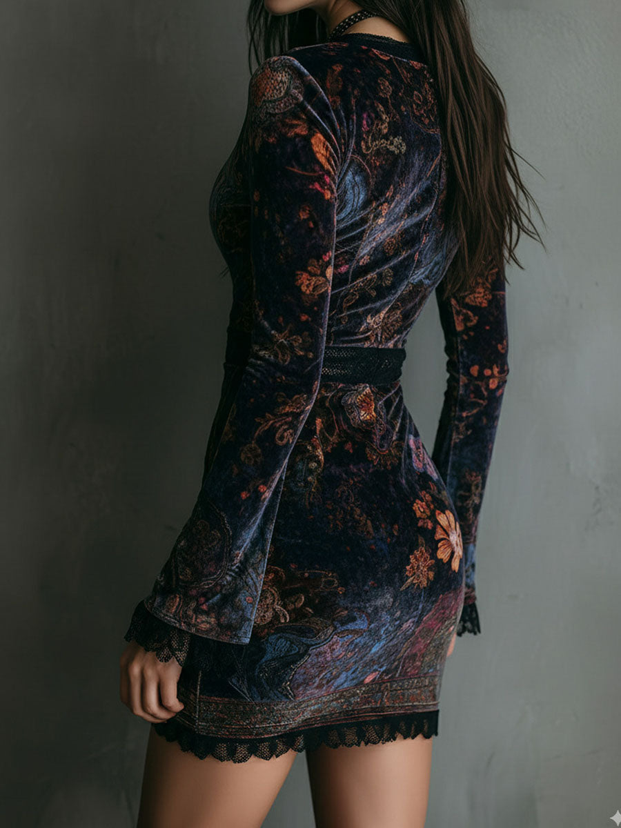Anna-Berg | Boho Floral Print V-Neck Velvet Dress