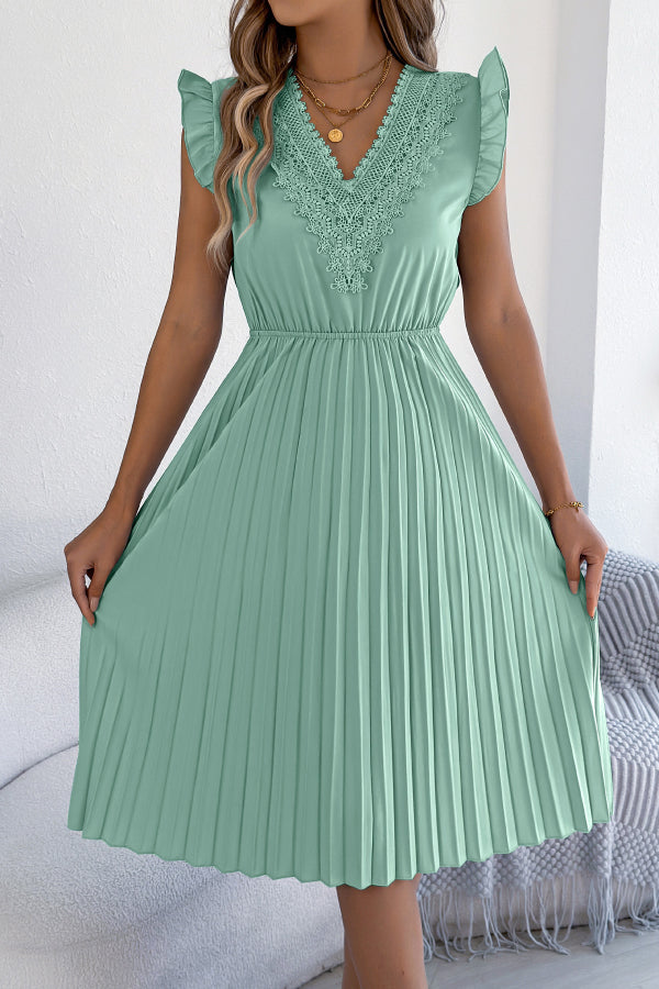 Anna-Berg | Solid Color V-Neck Lace-Trimmed Sleeveless Dress