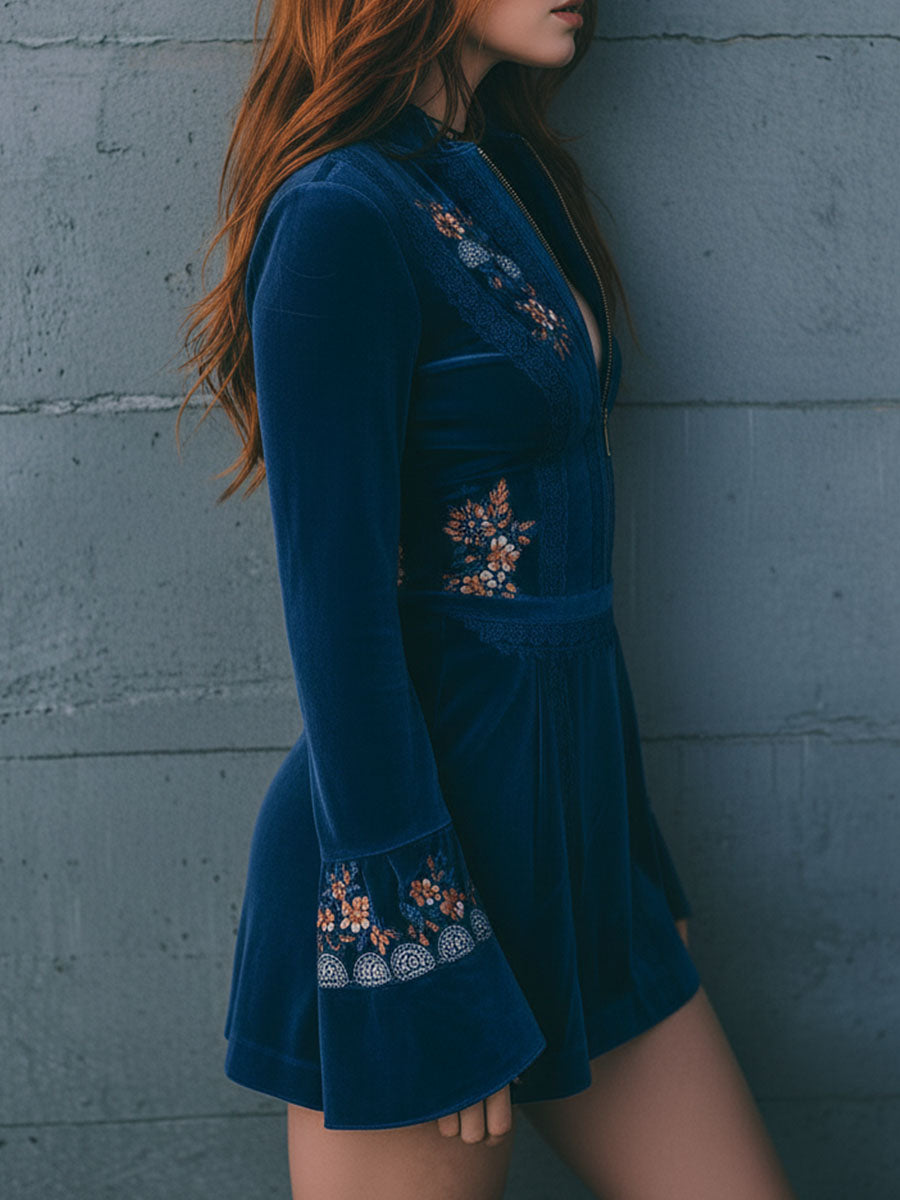 Anna-Berg | Blue Velvet Embroidered Casual Dress