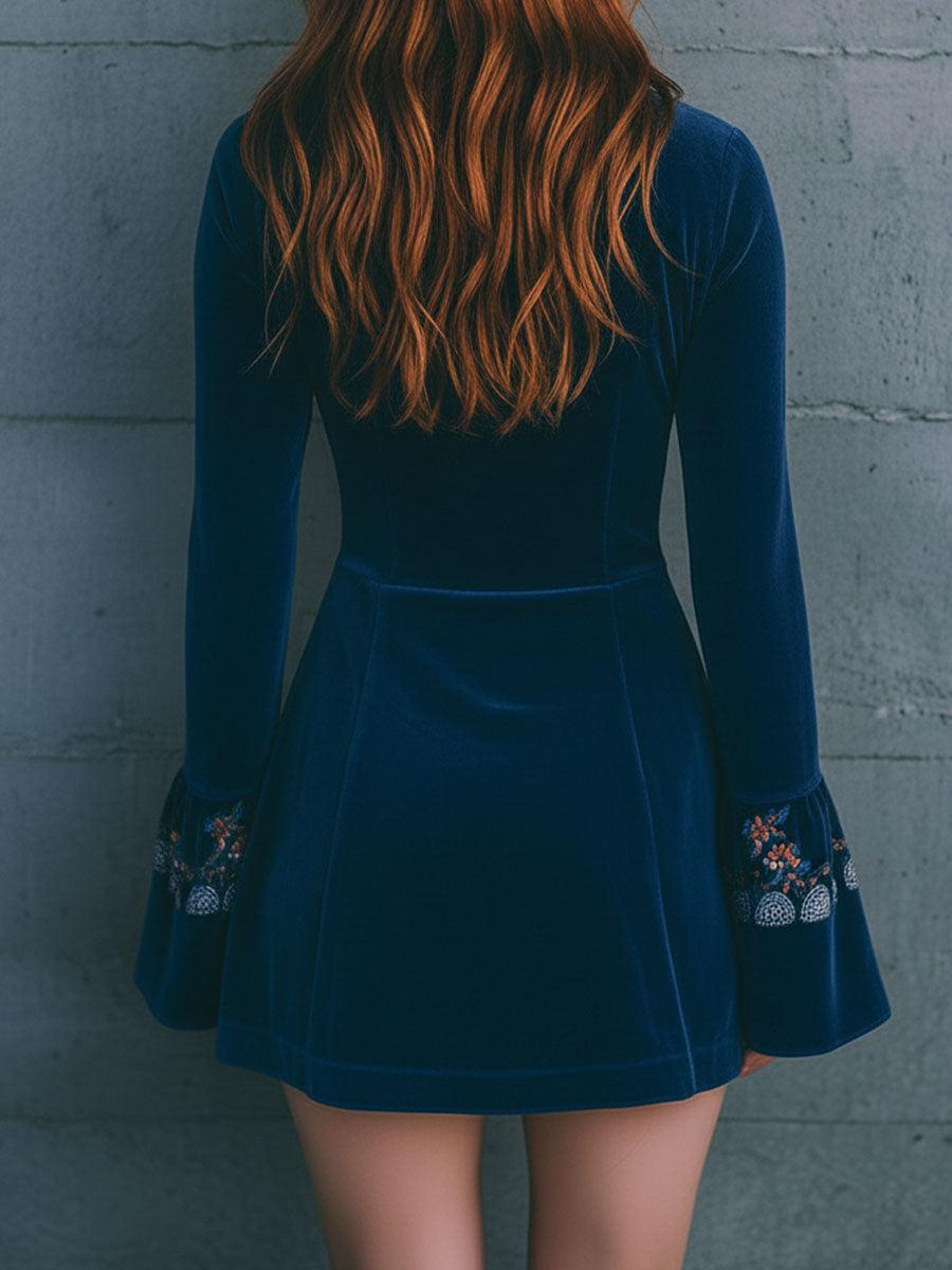 Anna-Berg | Blue Velvet Embroidered Casual Dress