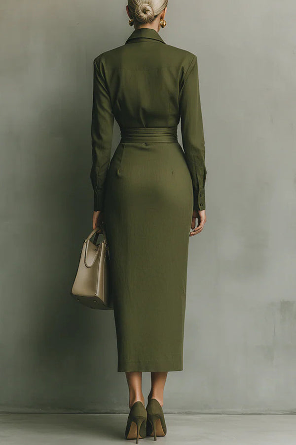 Anna-Berg | Solid Color Lapel Long Sleeve Dress