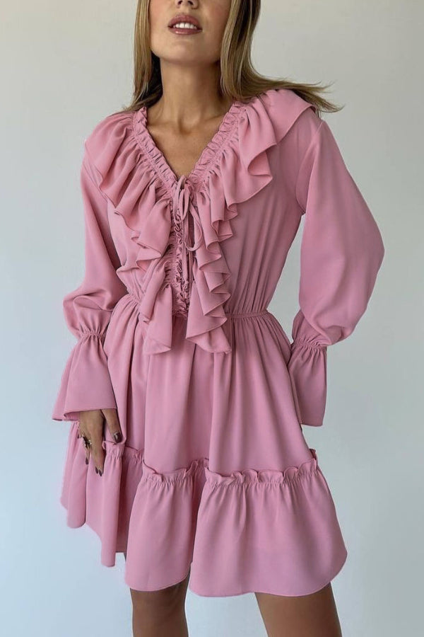 Anna-Berg | Solid Color V-Neck Ruffled Ruched Dress