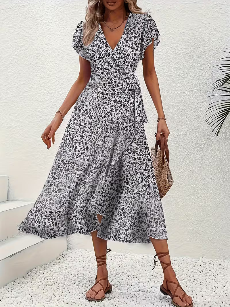 Anna-Berg | Timeless Floral Wrap Midi Dress With Ruffle Sleeves And Asymmetric Hem