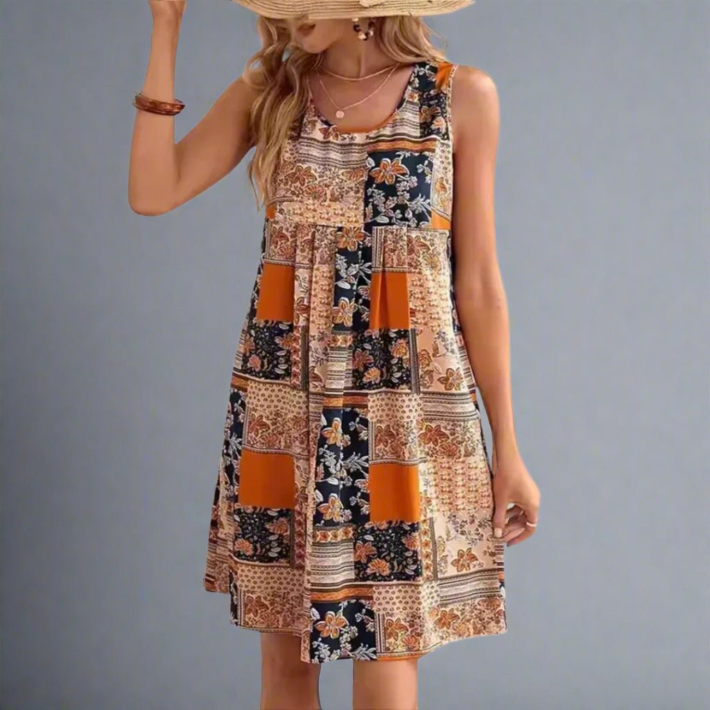 Anna-Berg | Boho Patchwork Print Sleeveless Mini Dress